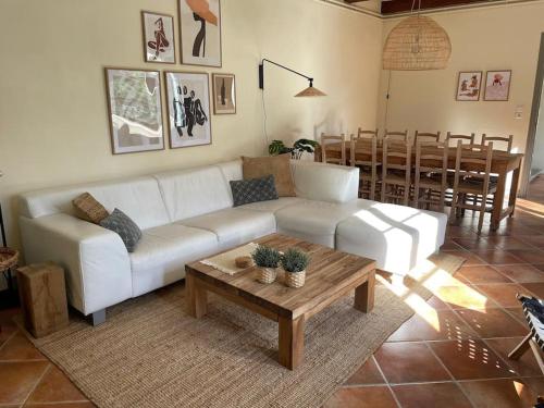 un salon avec un canapé blanc et une table dans l'établissement Domaine des Lions - Maison de vacances charmante à Sérignan, à Sérignan