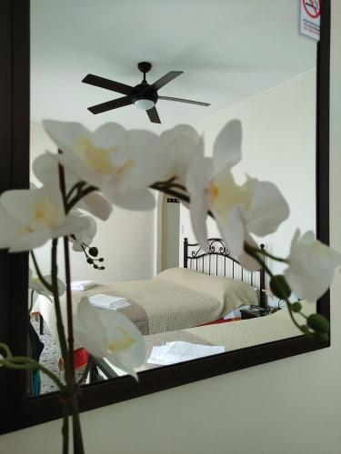 a mirror with a bed in a room with white flowers at Paradise Garden in Piso Livadi