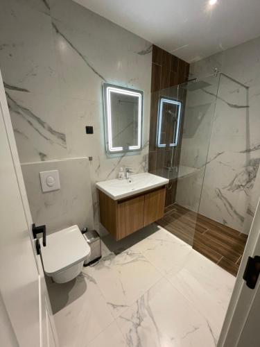 a bathroom with a toilet and a sink and a shower at APARTMENT IVIL - ELIA RESIDENCE in Becici