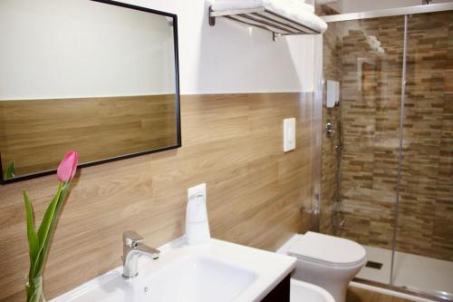 a bathroom with a sink and a toilet and a mirror at MaryGrace B&B in Castellammare di Stabia