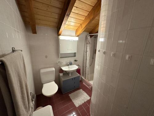 uma casa de banho com um WC branco e um lavatório. em Chevreuil 28 em Zinal