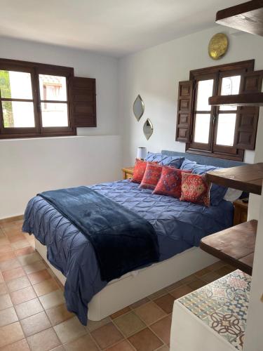 a bedroom with a bed with blue sheets and red pillows at Casa Morayma, Lecrin, Granada in Acequias