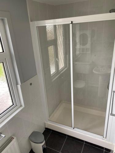 a shower with a glass door in a bathroom at Seaview Lodge in Inverin