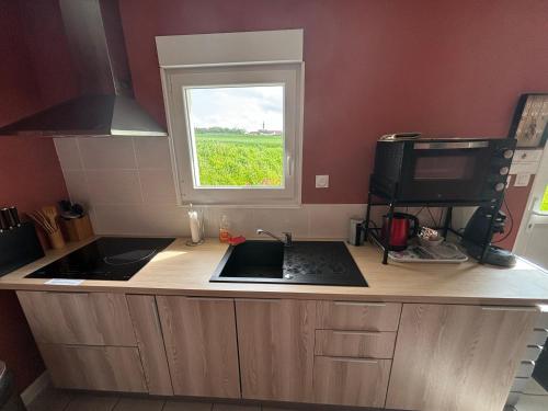 a kitchen with a counter with a sink and a window at Gîte de la Prévosserie in Rinxent
