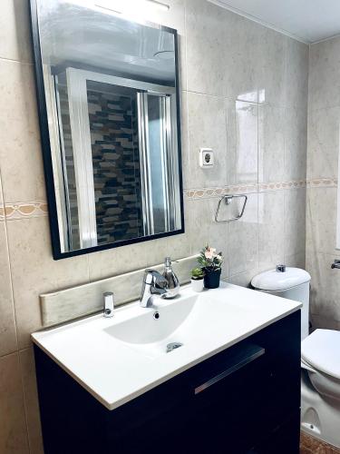 een badkamer met een wastafel, een spiegel en een toilet bij Cardenales in Barcelona