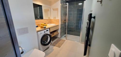 La salle de bains est pourvue d'un lave-linge et d'une douche. dans l'établissement Bonamour Calluna, à Capbreton