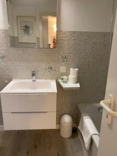 a bathroom with a sink and a toilet and a mirror at Villa Ani in Ascona