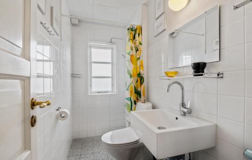 a white bathroom with a sink and a toilet at Awesome Home In Fan With House A Panoramic View in Fanø