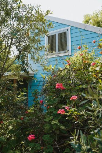 a blue house with a window and pink roses at Blue House In The Woods- Amirim in Amirim