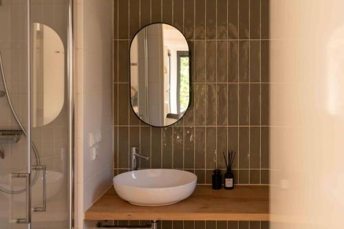 a bathroom with a large white sink and a mirror at Fred I Tiny House op de Veluwe in Epe