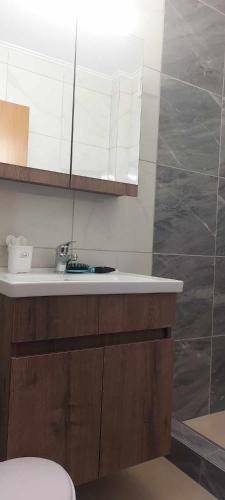 a bathroom with a sink and a toilet in it at Monda Apartment in Piraeus