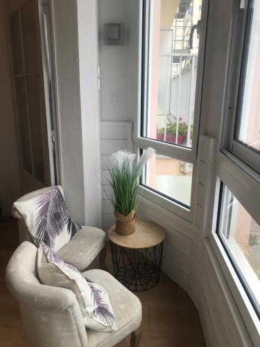 un salon avec une chaise et une plante dans l'établissement Le panoramique, à Les Sables-dʼOlonne