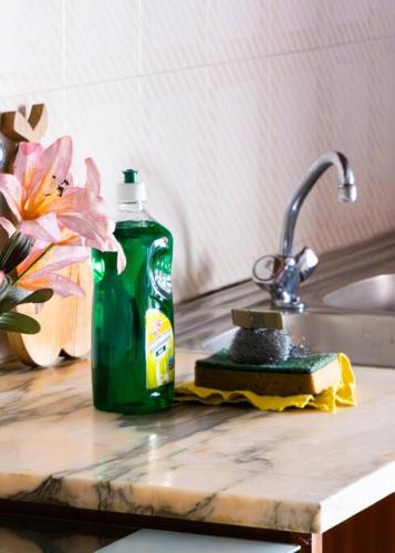 a green bottle of soap on a counter next to a sink at Charming Fátima House in Fátima