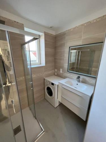 une salle de bain avec un lavabo et une machine à laver dans l'établissement Maison avec piscine et étang, un coin de paradis, à Vendoeuvres