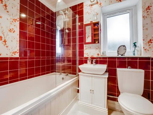 a red tiled bathroom with a toilet and a sink at Uk47176 - Vine Barn in Bellerby