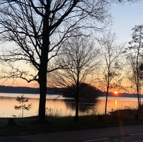 a sunset over a body of water with trees at Op den Distelberg in Helvoirt