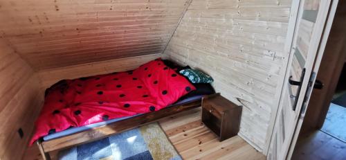 a small room with a red bed in a corner at Nowy dom całoroczny nad jeziorem wielkie parteczyny in Kurzętnik