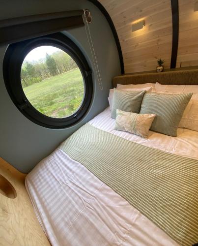 uma cama num quarto com uma janela redonda em Celtic Minor Pods em Ystalyfera