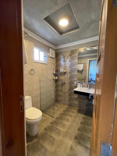 y baño con aseo, ducha y lavamanos. en Swiss Cottage Bhurban, en Bhurban