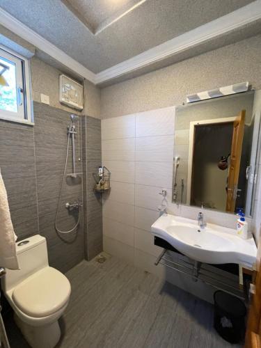 une salle de bain avec un lavabo, des toilettes et un miroir dans l'établissement Swiss Cottage Bhurban, à Bhurban
