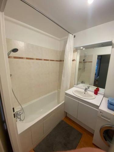 une salle de bain avec une baignoire, un lavabo et une douche dans l'établissement Appartement avec terrasse - Paris Montrouge, à Montrouge