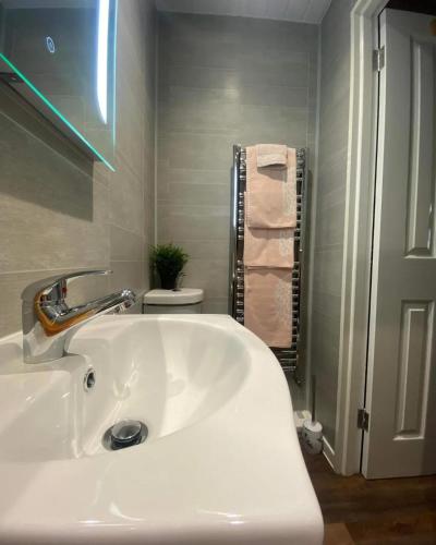 a white sink in a bathroom with a toilet at Forestview Cabin No 1 - cosy cabin stay in Ballynahinch
