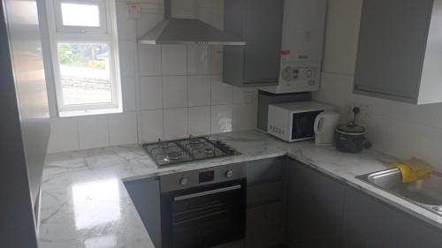 uma cozinha branca com um fogão e um micro-ondas em L'Auberge em Londres