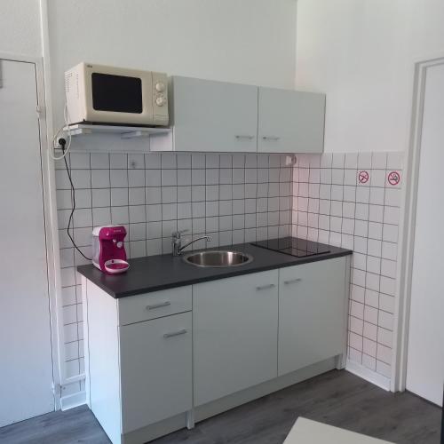 une petite cuisine avec un évier et un micro-ondes dans l'établissement Colmar: studio dans le centre historique, à Colmar