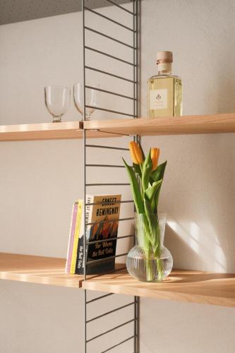 a shelf with a bottle and a book and a plant at Famiglia Scirocco Guest House in Offida