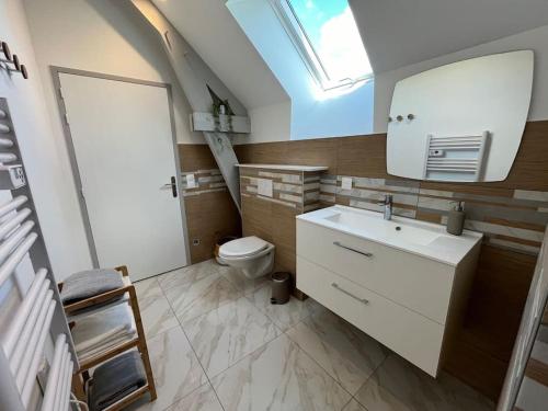 ein Bad mit einem Waschbecken und einem WC mit einem Dachfenster in der Unterkunft Belle maison avec jacuzzi in Bretteville-sur-Odon