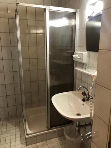 a bathroom with a sink and a shower at Hotel Ötscherblick in Lackenhof