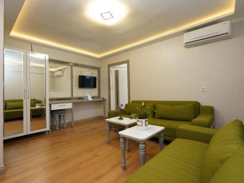 伊斯坦堡的住宿－gazelle suites，一间带绿色沙发的客厅和一间厨房