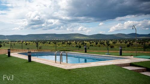 a swimming pool in the middle of a grassy field at Finca casa rural de la Mata in Toledo