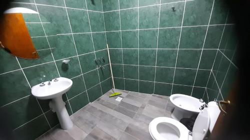 Baño de azulejos verdes con aseo y lavamanos en Arena blanca en Fiambala