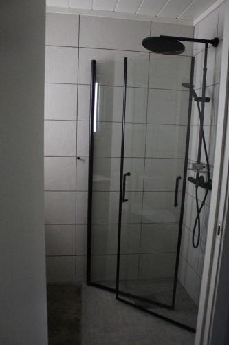 a shower with a glass door in a bathroom at Solstad fritidsbolig in Hjelle