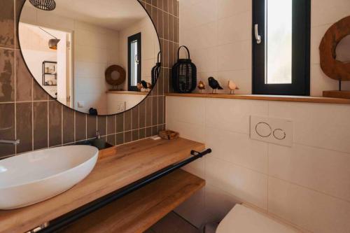 Lille lykke I Tiny House op de Veluwe في إب: حمام مع حوض ومرآة