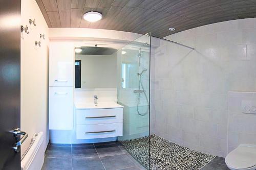 y baño con ducha, lavabo y aseo. en Au Chant Des Roches - Cerfontaine, en Cerfontaine
