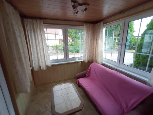 a small room with a pink bed and two windows at Ferienwohnung 1 Locktow in Locktow