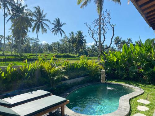 a pool in the yard of a villa with palm trees at Arvanya Villa Ubud in Tegalalang