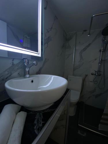 a bathroom with a sink and a mirror and a toilet at Uka apartment in Nea Iraklia