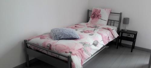 Dormitorio pequeño con cama con manta rosa en Au Chant Des Roches - Cerfontaine, en Cerfontaine