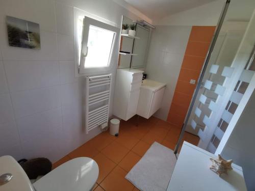 Elle comprend une petite salle de bains pourvue de toilettes et d'une fenêtre. dans l'établissement Villa piscine chauffée dans un écrin de verdure, à Biscarrosse