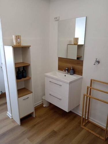 a bathroom with a sink and a mirror at Ferienwohnung Allgäu 3 in Memmingen