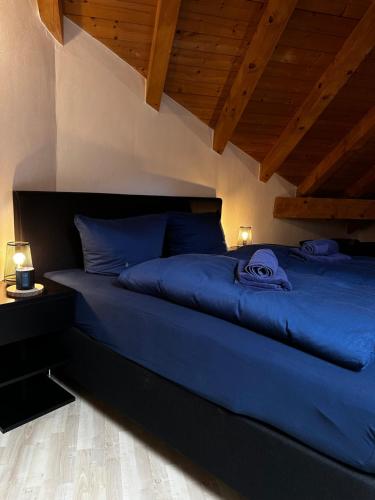 een bed met blauwe lakens en kussens in een kamer bij Wohnung im Herzen von Immenstadt im Allgäu in Immenstadt im Allgäu
