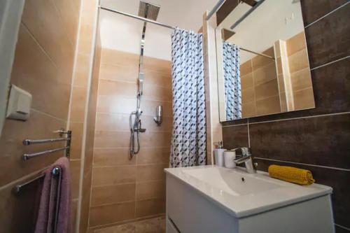 une salle de bain avec un lavabo et une douche dans l'établissement Appartement rénové - Le Cosy à 150m de la mer, à Saint-Raphaël