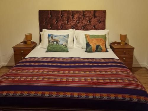 a bedroom with a bed with two night stands and pillows at The Alpaca Farmhouse with hot tub and alpaca experience included in Dromara