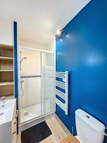 La salle de bains bleue est pourvue de toilettes et d'une douche. dans l'établissement JUNO Appart, à Courseulles-sur-Mer