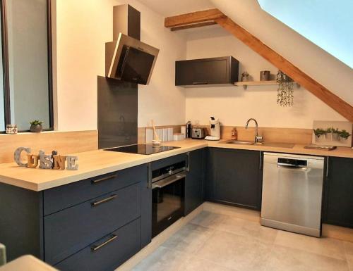 a kitchen with blue cabinets and stainless steel appliances at Appartement charmant et spacieux in Auxerre