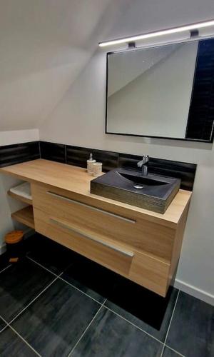 une salle de bain avec un lavabo et un miroir dans l'établissement Appartement charmant et spacieux, à Auxerre