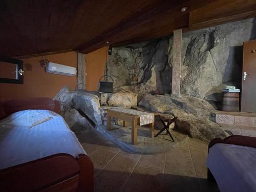 a room with a stone fireplace with a bed and a table at Cave Apartment in Virpazar